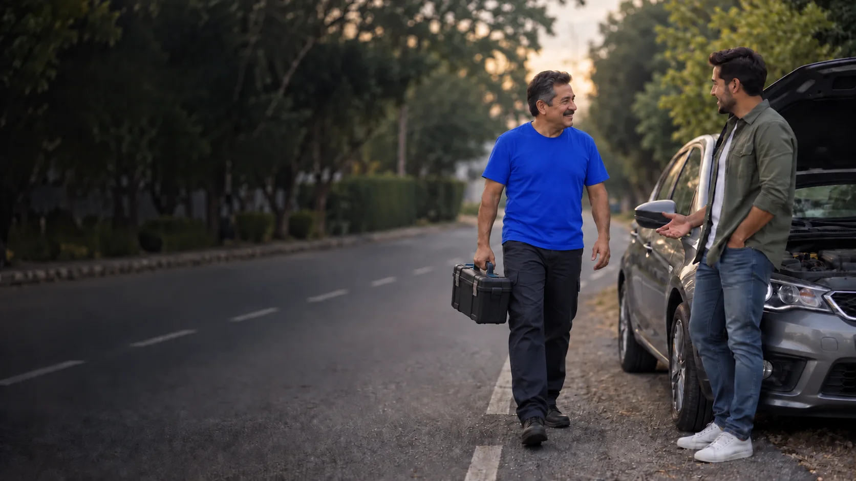 Un mecánico mexicano llega para ayudar a un conductor con el auto detenido